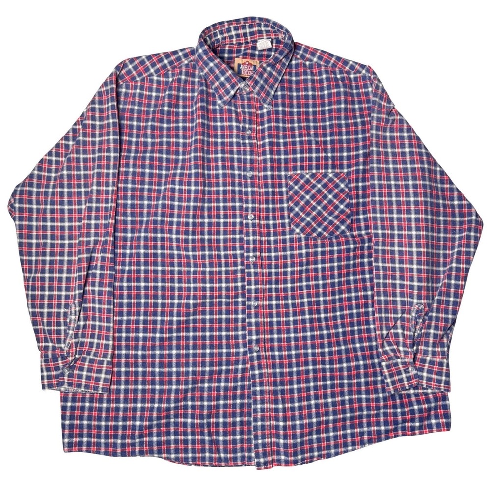 American Edition‎ Mens 3XL Flannel Shirt Blue Red Plaid Cotton Long Sleeve